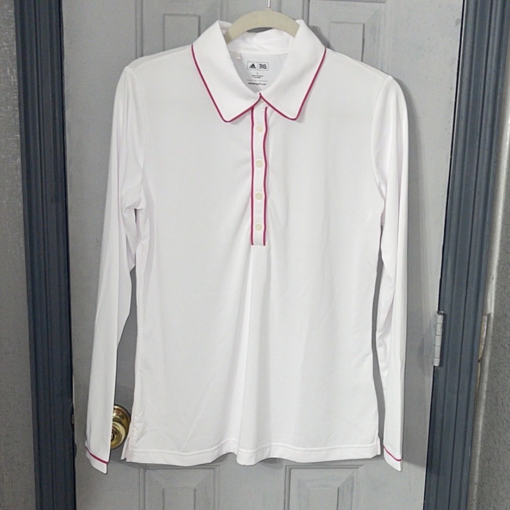 NWT Women’s Adidas Long Sleeve Golf Tennis Activewear Polo White Magenta Pink